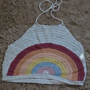 American Eagle Outfitters Crochet Halter Top - White with Rainbow